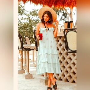 SUNDRESS Revolve Rare Mint Green Beaded Star Tiered Midi Dress XS/S